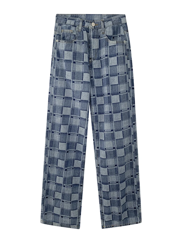 

Women's Straight Leg Retro PlaidJeans Women High Waist Slim Loose Autumn Winter Pants Casual Split Washed Fashion Trousers