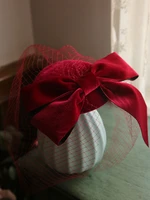 2020 elegant ladies cocktail fascinator hat hair clips formal wedding fancy party wine red white large velvet bow veil headdress