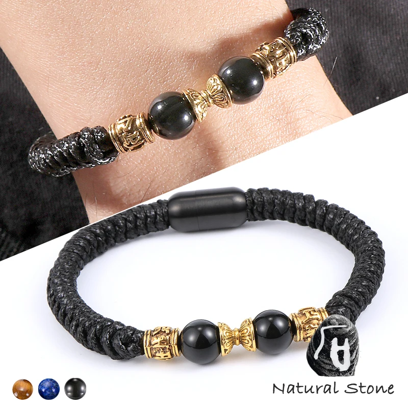 

Braided Men Bracelet 10MM Natural Tiger Eye Stone Lapis Lazuli Beads Bracelets Stainless Steel Magnetic Clasp Bangles Men Gifts