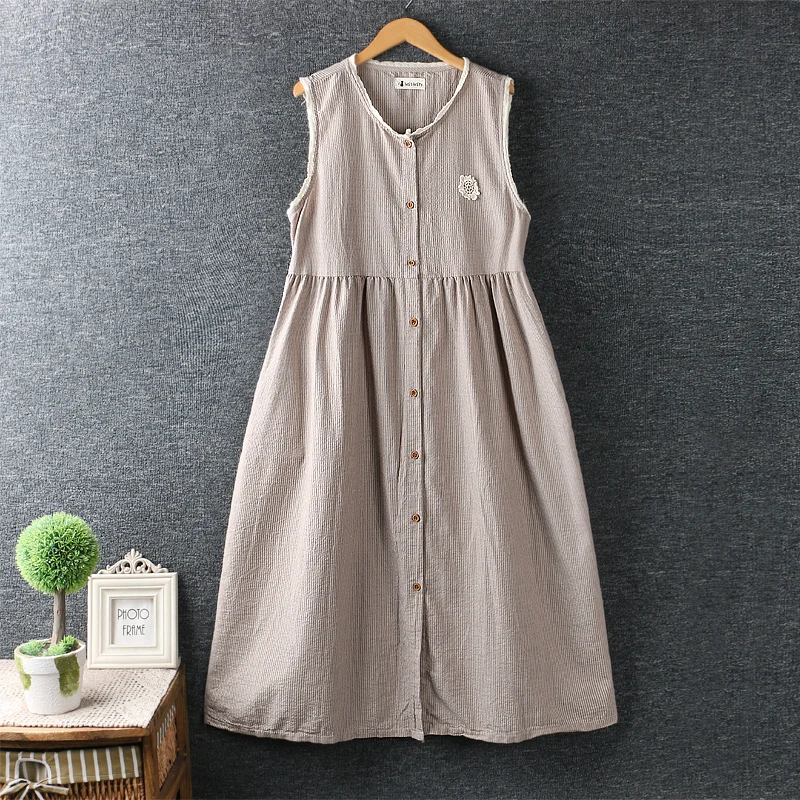 

2020 new summer style Japanese small fresh round neck Stripe Cotton dress sleeveless loose dress female