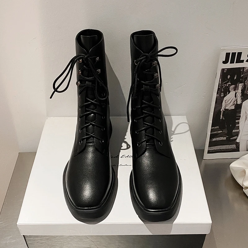 Harga Osunlina 2021 Musim Gugur Handmde Boots Round Toe Renda Kulit Asli Sepatu Bot Untuk Wanita Nyaman Square Sepatu Hak A014