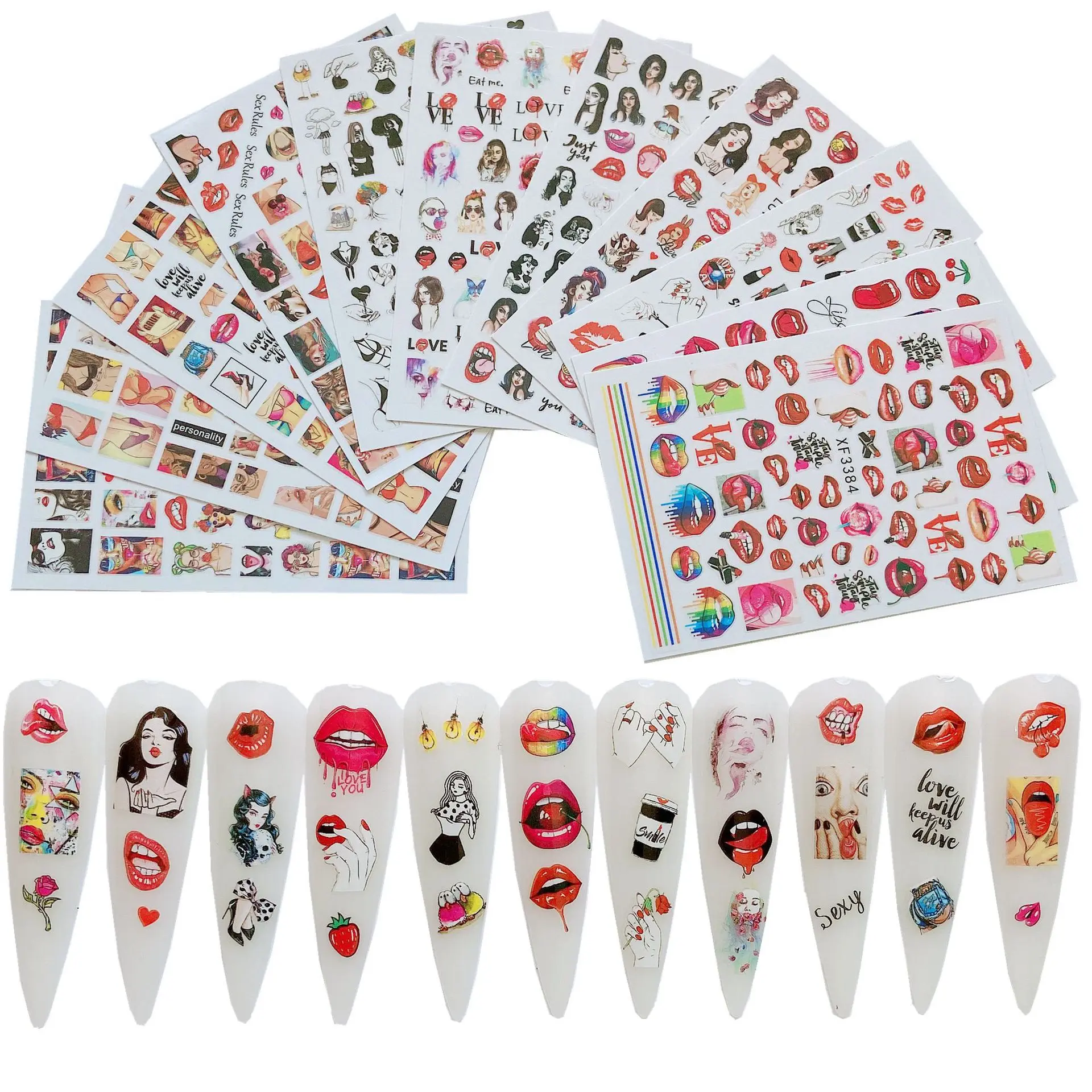 

12 sheets Bikini nail sticker,Red Lip nail sticker Lips nail sticker Kiss Nail Stickers, lipstick sexy lady nail sticker