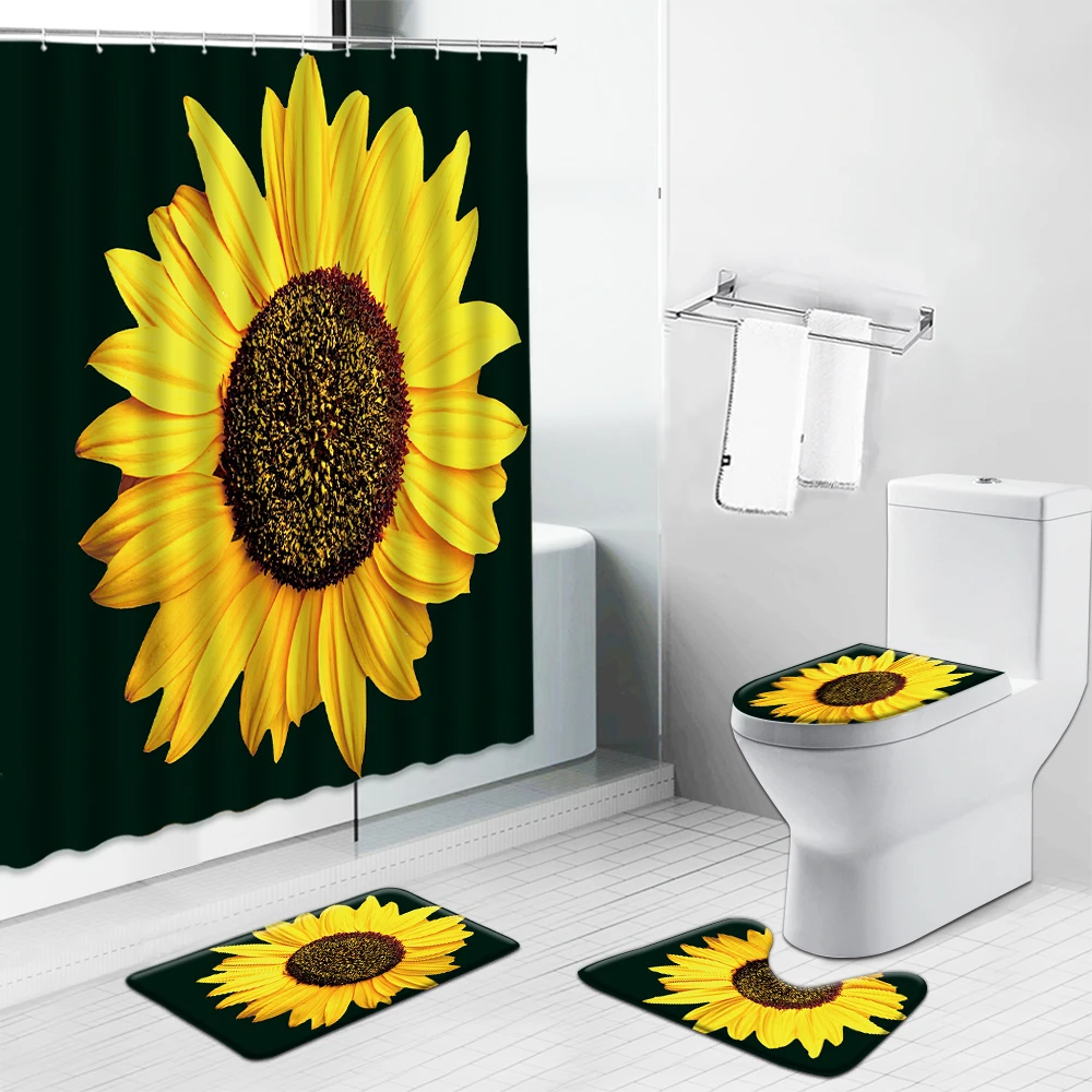 

Dandelion Flowers Plant Scenery Shower Curtain Set Sunflower Cactus Rose Floral Bathroom Curtains Bath Mat Toilet Cover Carpet