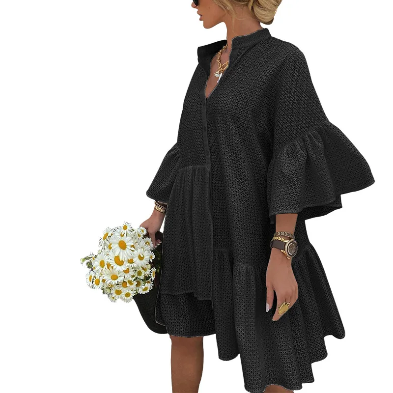 

Latest Summer lace stand-up collar loose women dress hollow out ladies casual dress