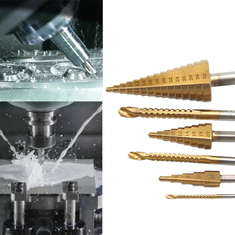

6 Pieces Golden Titanium-Coated Triangle Shank Step Drill Bit Set with Box for Perforated Metal Iron Aluminum Brass
