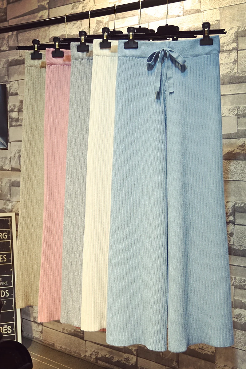 

HWLZLTZHT 2021 Spring New Casual Straight Pants Women Autumn Female Drawstring Loose Knitted Wide Leg Pants Casual Trousers