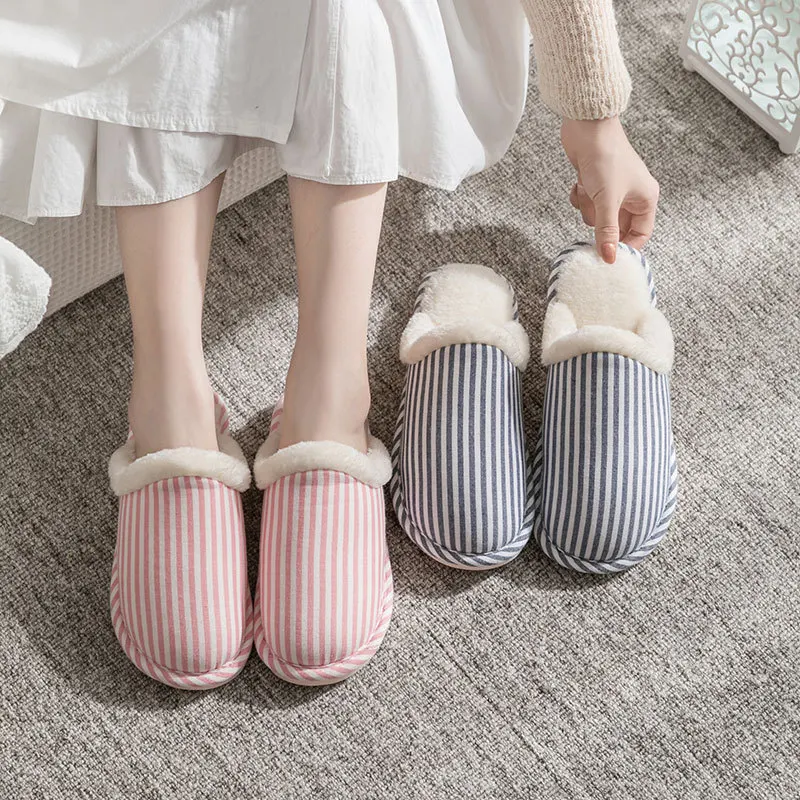 Winter Women Furry Cotton Slippers Cozy Soft Short Plush Home Slides Cute Stripe Warm Couples Shoes Indoor Man Non-Slip Slippers