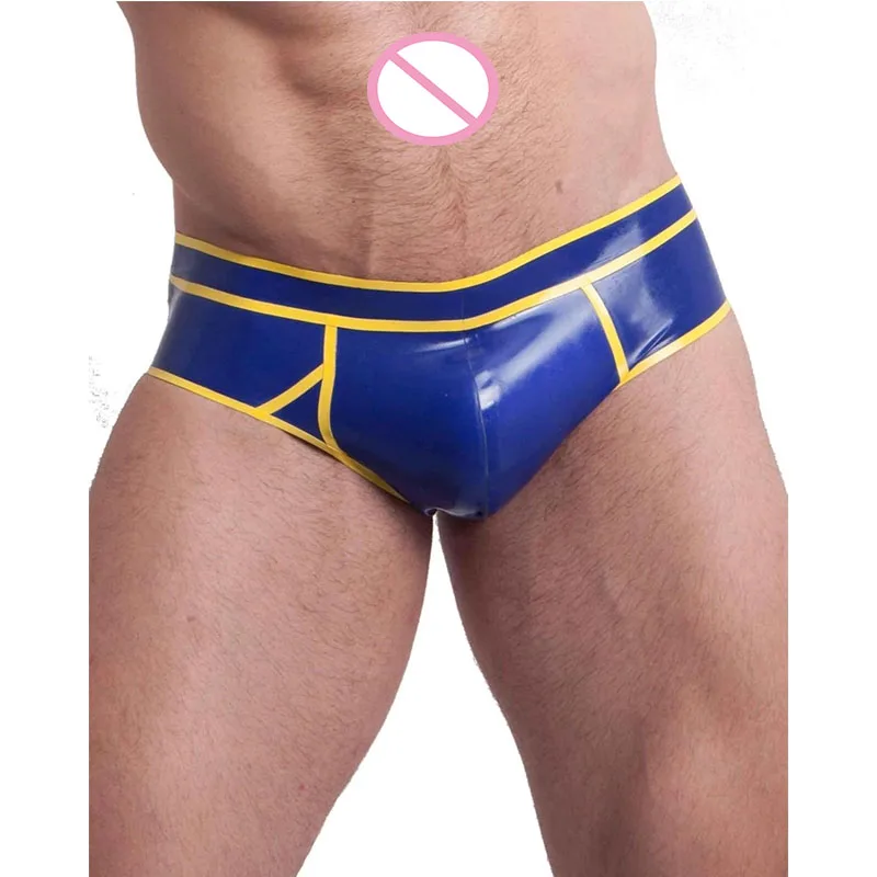 Мужские сексуальные брифы ручной работы с желтой отделкой из латекса |