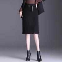 autumn winter high waist woolen slit black pencil skirt women elegant chic slim casual office lady warm bodycon suit skirts