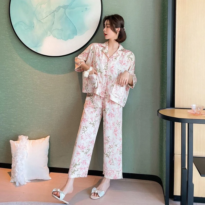 QWEEK Silk Pajamas for Women Floral Print Sleepwear Autumn Female Set Woman 2 Piece Nightwear Elegant Suit Bat Sleeve Loungwear