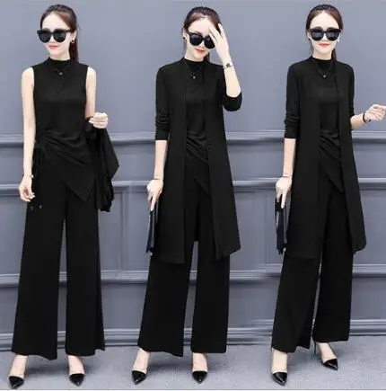 

Knitted 3 Pieces Set Women Tracksuit Long Sleeve Cardigan and Sleeveless Pullover Tops and Wide Leg Pants Suit Women's Se