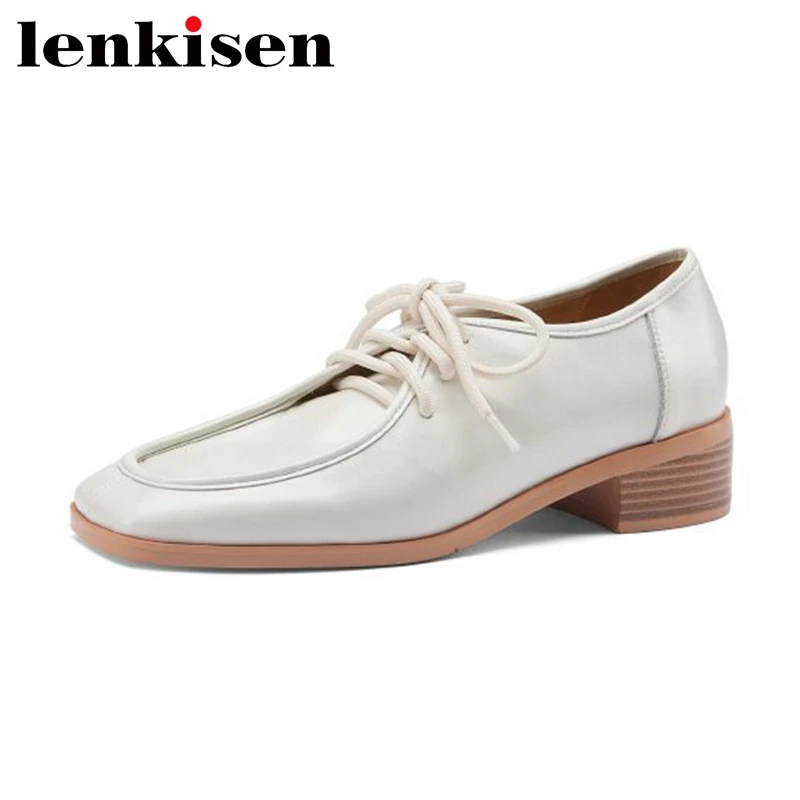 

Lenkisen весенняя обувь для отдыха с квадратным носком удобная обувь из коровьей спилковой кожи простой стиль на толстом среднем каблуке повседневная одежда туфли на шнуровке спереди l66