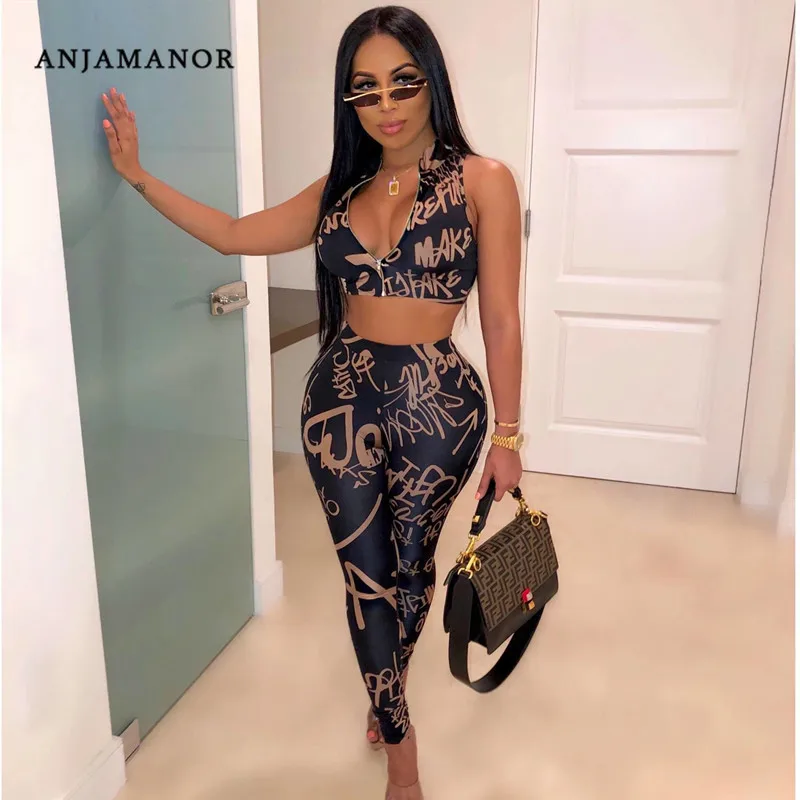ANJAMANOR/женский комплект 2 шт. с принтом в виде граффити и буквами укороченный топ