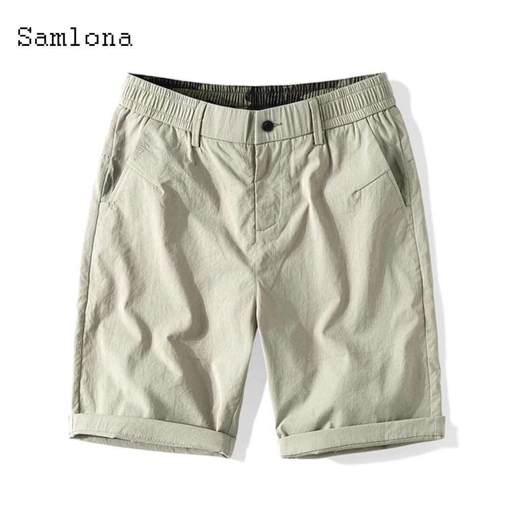 Samlona Men's Leisure Shorts Khaki Black Pacthwork Buttons Pocket Bottom 2021 Summer New Casual Beach Short Pants Male Clothing