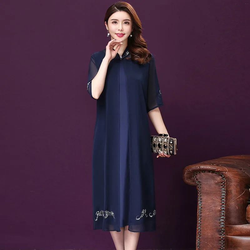 2021 Spring Summer Round Collar Embroidery Xxxl Women Dress New Style Simple Elegant Temperament Mother Female Two Piece Dresses | Женская
