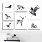 Черно-белые животные, Постер в скандинавском стиле, Орлан, ворона, птица, лиса, олень, волк, холст, живопись, современное искусство, настенные картины для декора гостиной