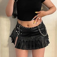 black pu faux leather goth y2k mini skirts womens split low waist e girl techwear metal buckle punk style pleated skirt