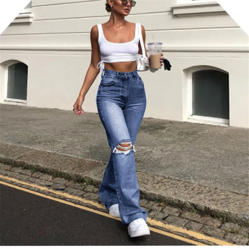 

Casual Female Pocket High Waist Jeans Sexy Women Streetwear High Waist Ripped Flare Jeans Vintage Button Broken Hole Denim Pants
