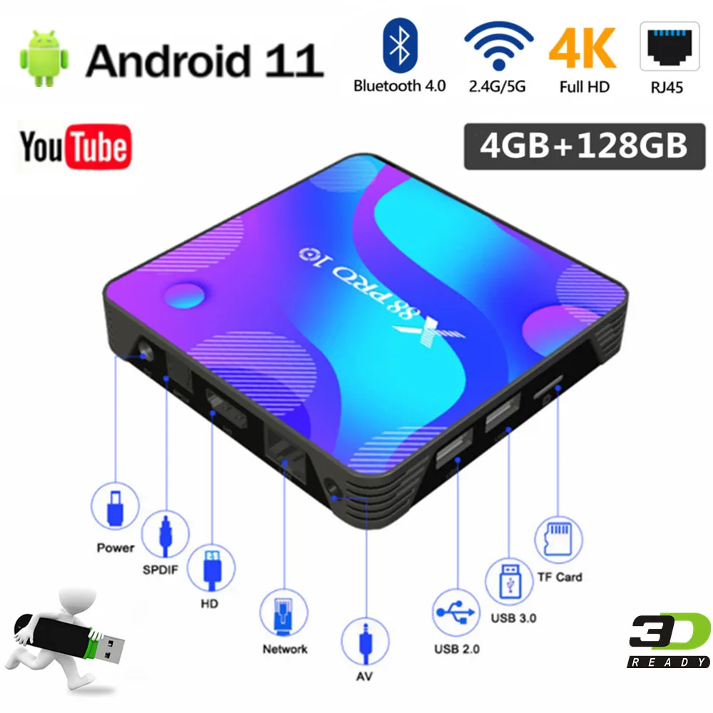 

4GB 64GB 4K TV BOX Android 11.0 Smart TV Box RK3318 Quad-Core WiFi 2.4G&5G Bluetooth Set Top Box New X88P10 Media Player