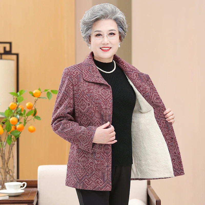 

Elderly Autumn Winter Clothes New Female Coat Plush Thickened Grandma Overcoat Mom Woolen Jacket Old lady Loose Clothes