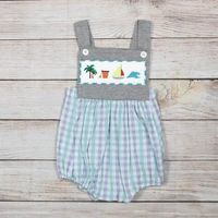 summer clothes boy grey sleeveless strap coconut tree sailboat and sea wave embroidery pattern toddler romper