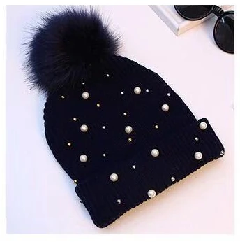 dark blue Модная теплая зимняя шапка для женщин, одноцветная вязаная шапка Skullie, женские шапочки с помпоном, шапки с помпонами, женская уличная шапка - Цвет: dark blue