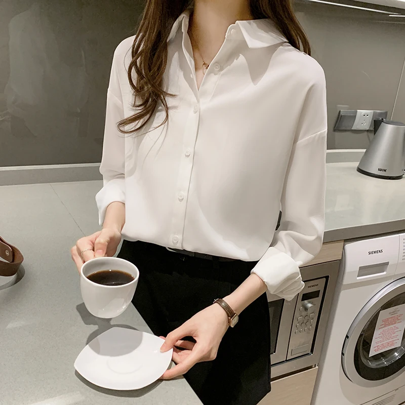 

Korean Women Shirt Chiffon Blouses for Women Long Sleeve Shirts Woman White Button-down Blouse Tops Plus Size Office Lady Shirts