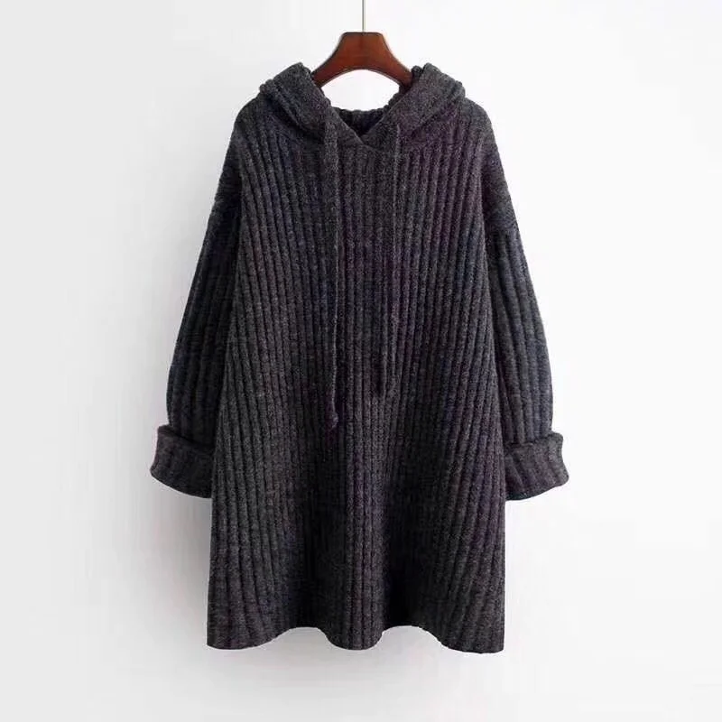 

Women Autumn Winter Sweater Clothes 2021Chic Hooded Long Sweater Jumpers Knit Pull Femme Oversized Warm Hooded Sweater Tops