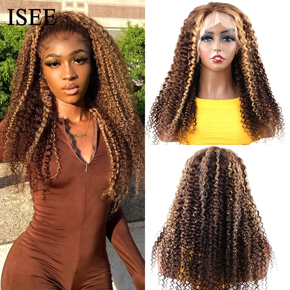 

Kinky Curly Lace Front Human Hair Wigs ISEE HAIR Brazilian Kinky Curly Highlight Wigs Human Hair For Women 4X4 Lace Closure Wigs