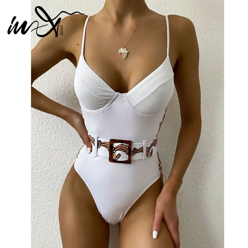 Купальник женский в винтажном стиле пуш ап белый с поясом|Комбинезоны| |