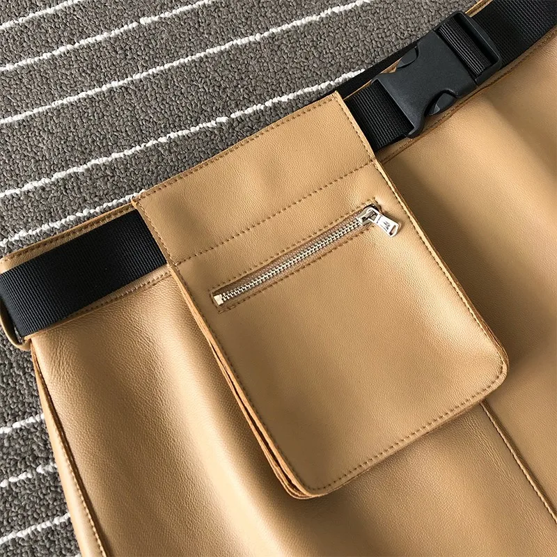

Belted Fashion Women Pocket Sheepskin Short Skirt Khaki Ladies Sexy Mini Wrap Skirts Punk High Quality Genuine Leather Skirt