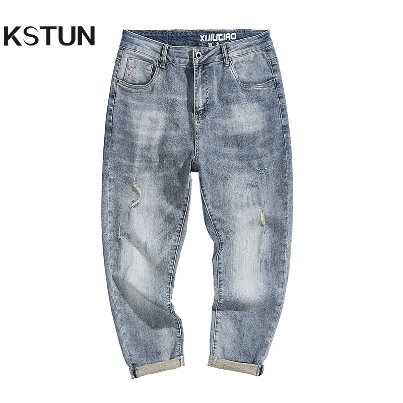 

Джинсы мужские, летние, светильник бые, стрейчевые, рваные, укороченные, в стиле хип-хоп, 2021