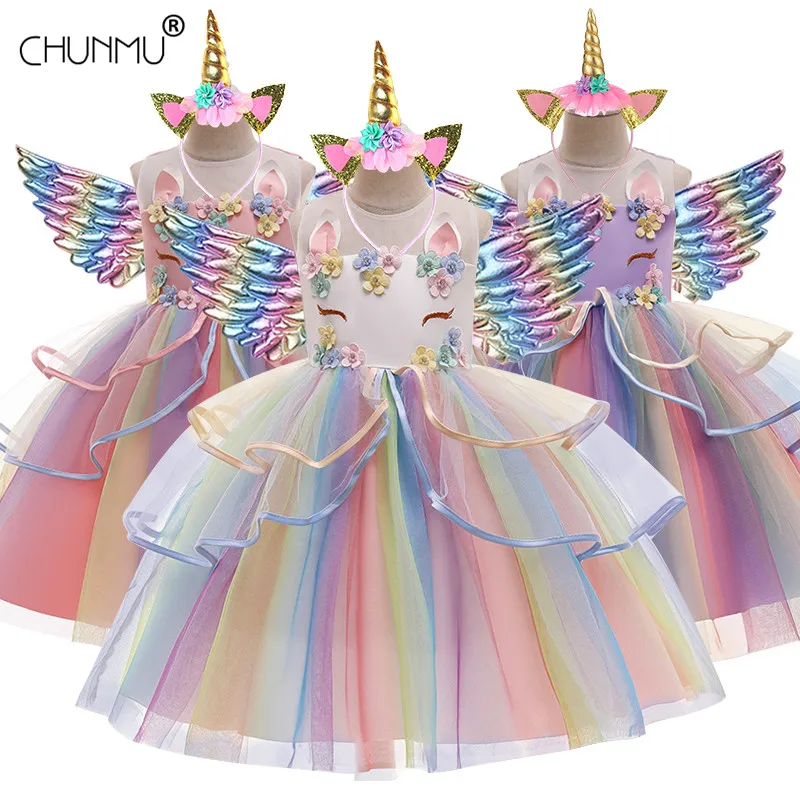 Christmas Dress for Girls Princess Formal Petals Kids Vestidos Children Unicorn Party Girl's Clothes Cosplay Costume | Детская