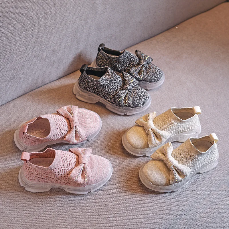 Spring Kids Casual Sneakers Baby Girls Bow Slip On Children Mesh Sport Brand Sock Shoes Black Trainers 2020 | Детская одежда и