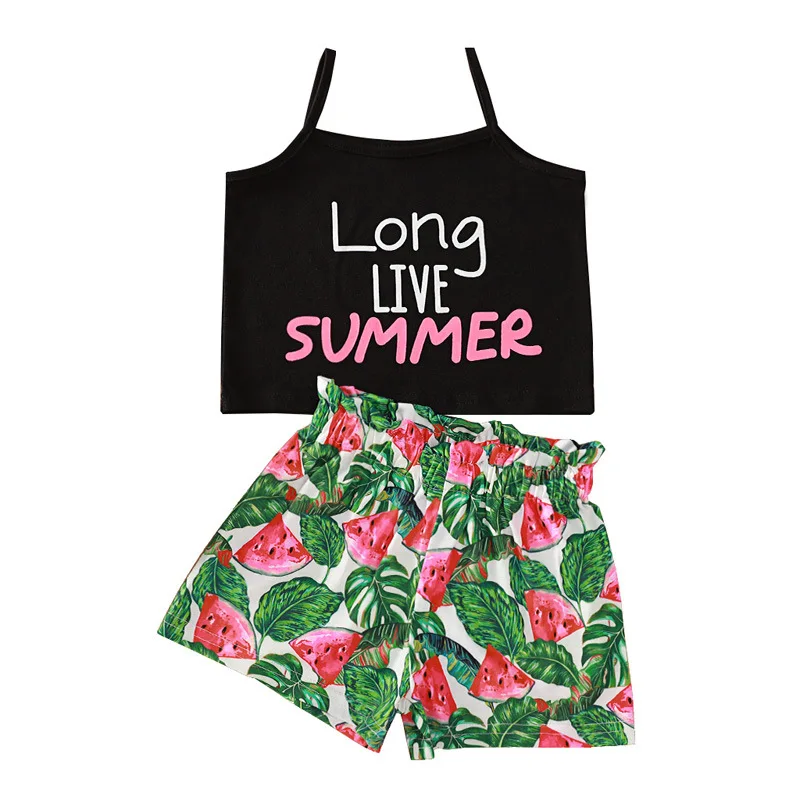 

2021 Summer Children Sets Casual Strap Letter Tops Print Watermalon Shorts 2Pcs Girls Boys Clothes Set 1-8T