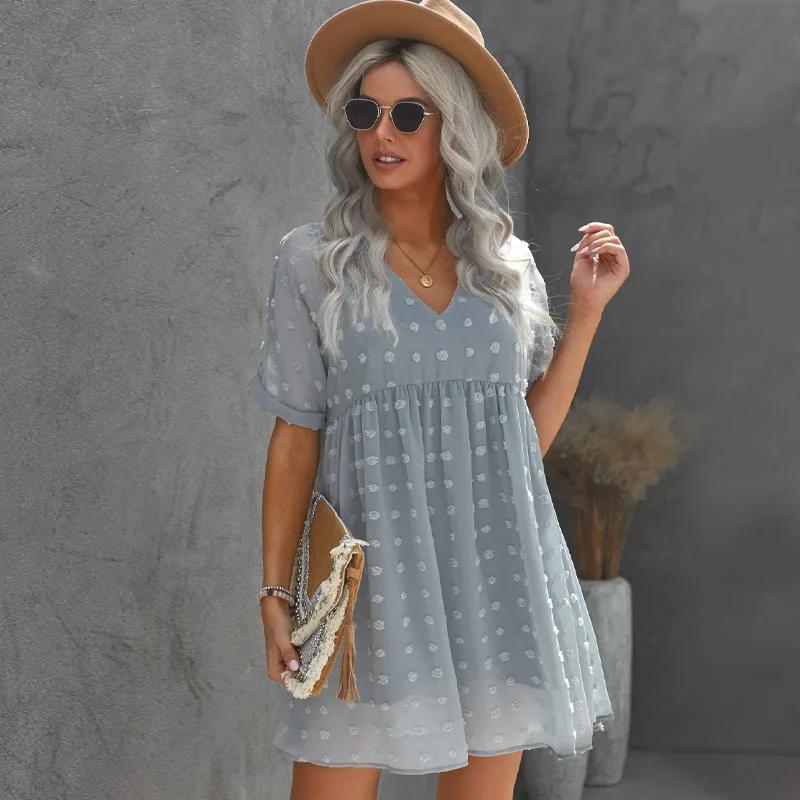 

YIKIUO Short Skirt Chiffon Dress Female Solid Color Polka Dot Jacquard v-Neck Fashion Sexy Clothing Summer