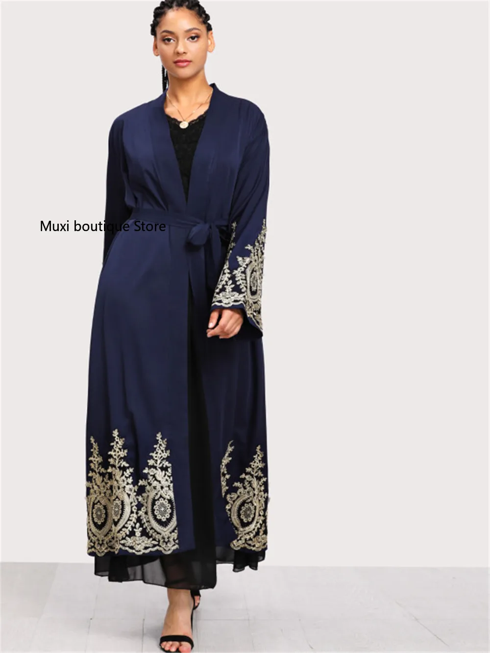 

Muslim Ramadan abaya Middle East Dubai Arab Ramadan robe gold lace embroidery stitching fashion loose soft women Dubai Abaya