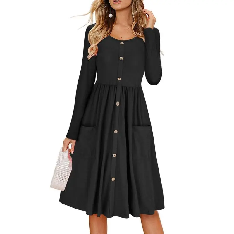 

Womens Autumn Long Sleeves Round Neck Solid Color Midi Length Swing Dress Ruched Pleated High Waist Button Down A-Line With BX0A