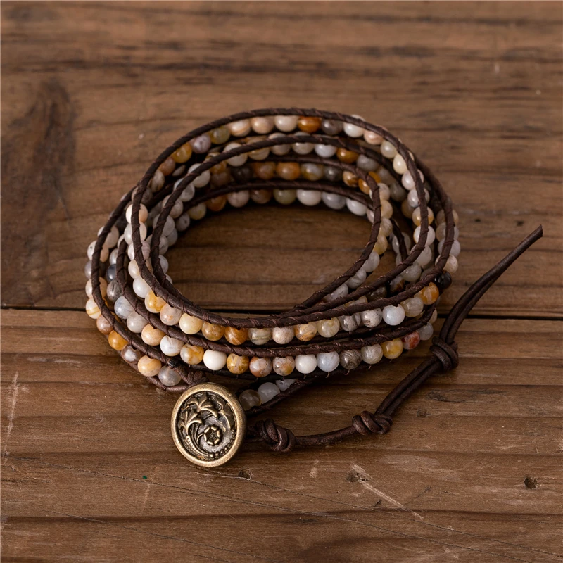 

Art 4mm Bamboo Agates Beaded Wrap Bracelet 5 times leather wrap bracelet Bohemian weaven Bracelet Gift for Friends Dropshipping