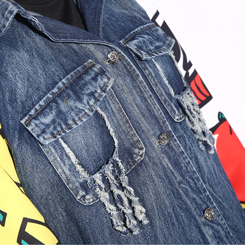 

Summer 2021 New Lapel Spring Long Sleeve Blue Pattern Printed Doodling Loose Denim Big Size Jacket Women Coat Fashion Tide