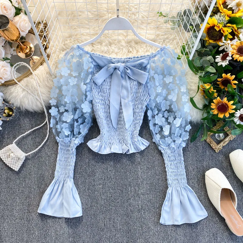

Women Short Shirt Spring Summer Elegant Sweet 3D Flower Appliques Mesh Crop Tops Slash Neck Puff Long Sleeve Ladies Blouse
