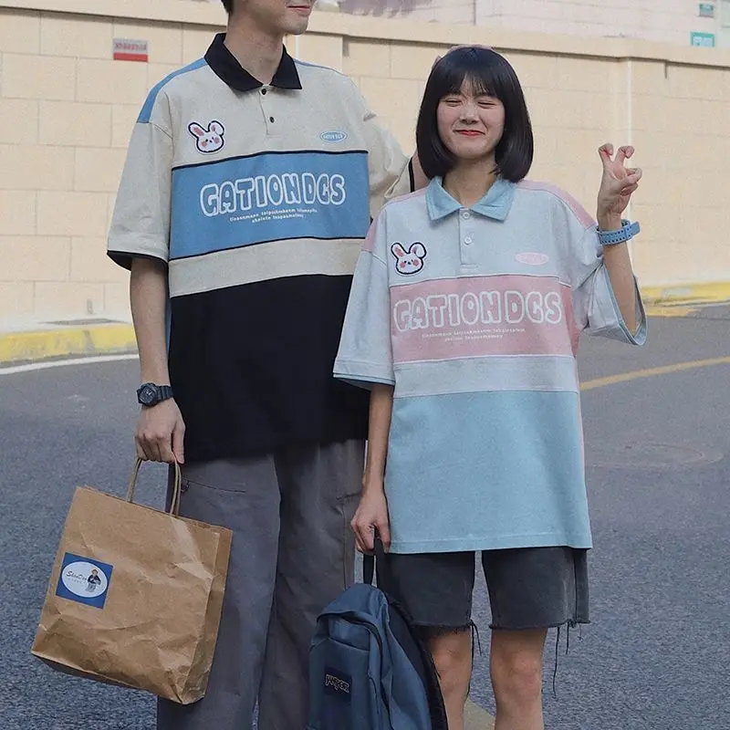 

New summer couples wear Polo shirt short-sleeved men and women Korean loose contrast lapel T-shirt tops student class clothes