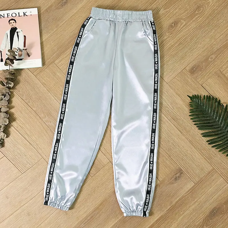

2021 Fashion Women Big Pocket Satin Highlight Pants Glossy Sport Ribbon Trousers BF Harajuku Joggers Sports Pants Gym Leggings