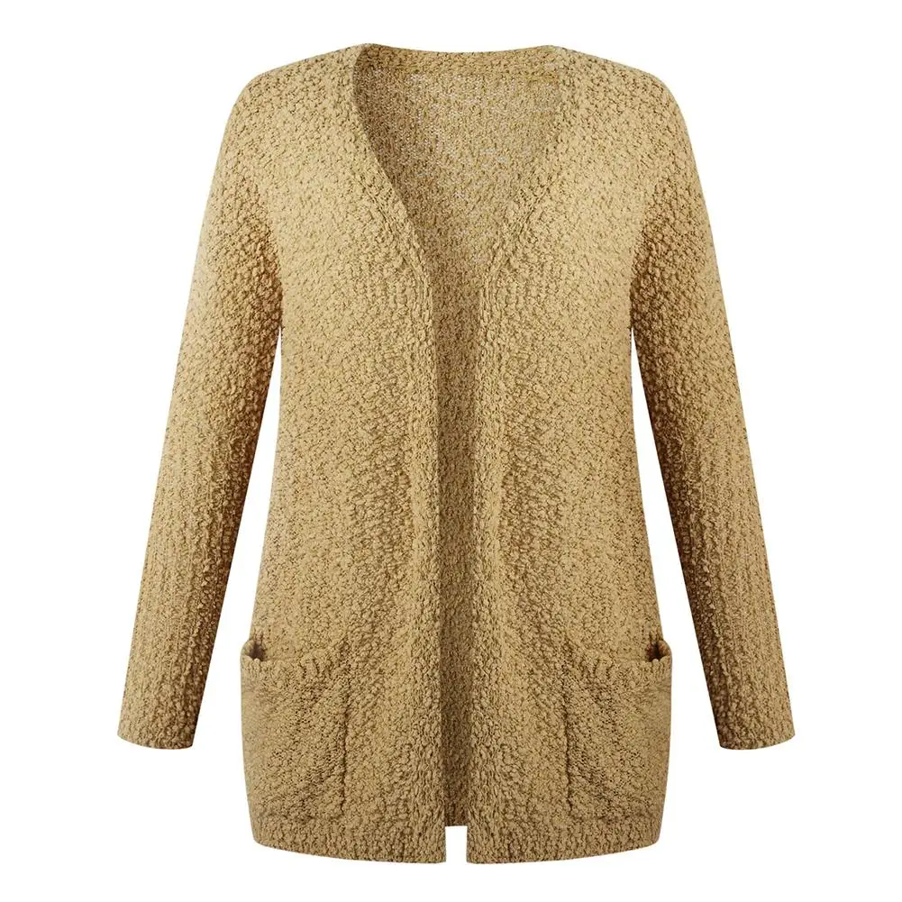 Кардиган флисовый однотонный с карманами модный Базовый теплый вязаный свитер в