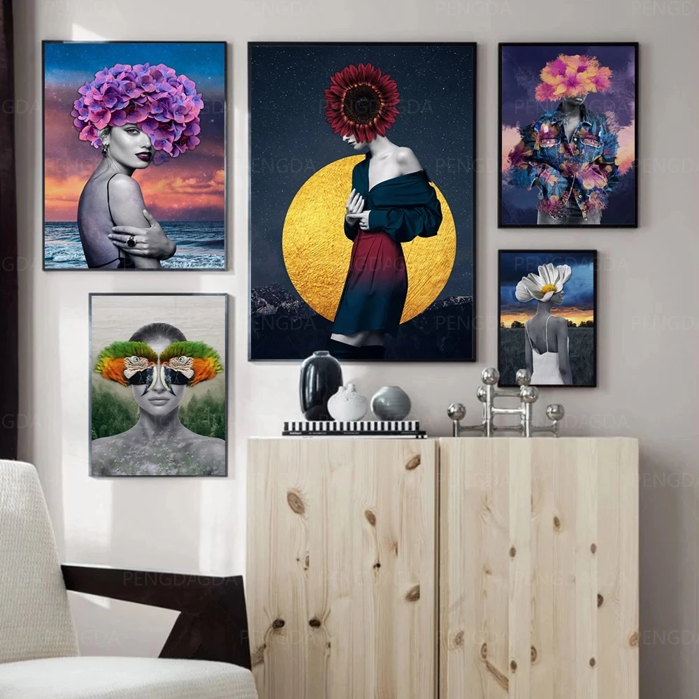 

Home Decor Hd Prints Abstract Woman Parrot Painting Picture Wall Art Plant Modular Canvas Modern Poster For Living Room No Frame