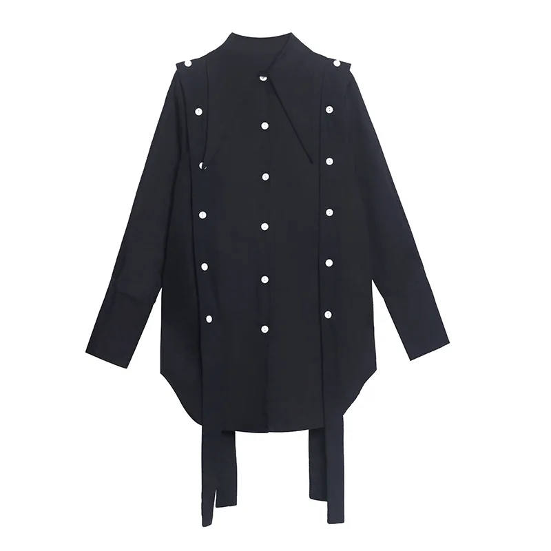 

2021 Spring Autumn Women Loose Blouse Dress Vintage Plus Size Long Sleeve Tops Wide Ribbon Buttons Decorate Arc Hem Black Shirt