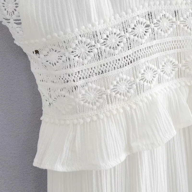 

Elegant dress women summer spaghetti strap dresses sexy v neck dress white lace patchwork dresses ruffle maxi dress backless