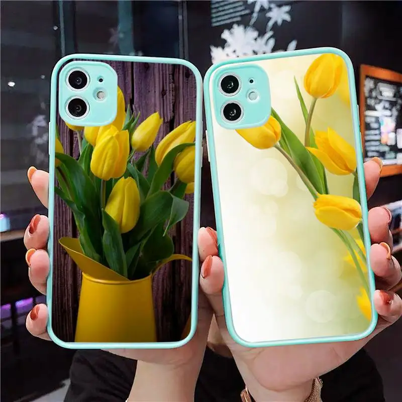 

Tulip flower Phone Case For iPhone 12 11 Mini Pro XR XS Max 7 8 Plus X Matte transparent blue Back Cover