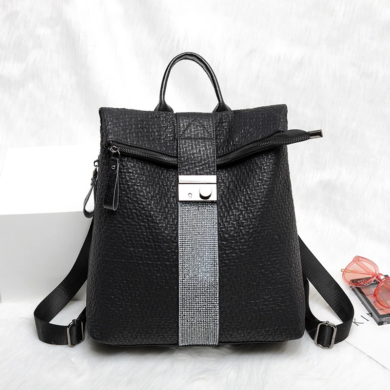 

Black Backpack For Women Genuine Leather Daily Personalized Lock School Bags For Teenage Girls Diamond Soft Leather Bagpack 2021