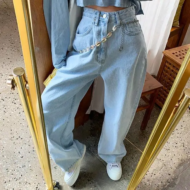 

Woman Jeans Pants Washed Light Blue Pants Large Size High Waist Straight-Leg Denim Pantalones Vaqueros Mujer
